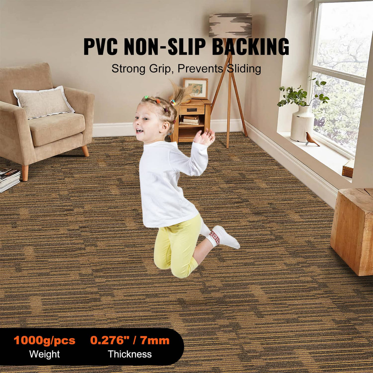 Brown mixed striped carpet tiles in a room, with a non-slip surface appearance