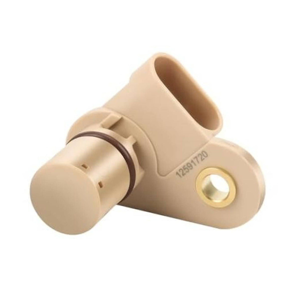 Beige engine camshaft position sensor with circular mounting hole and 3-pin connector