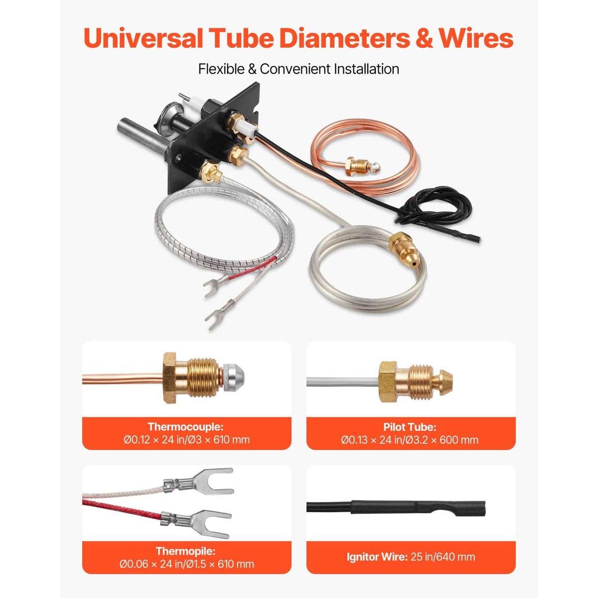 Universal gas pilot tube and thermocouple wire set with copper line, braided tubing, and leads