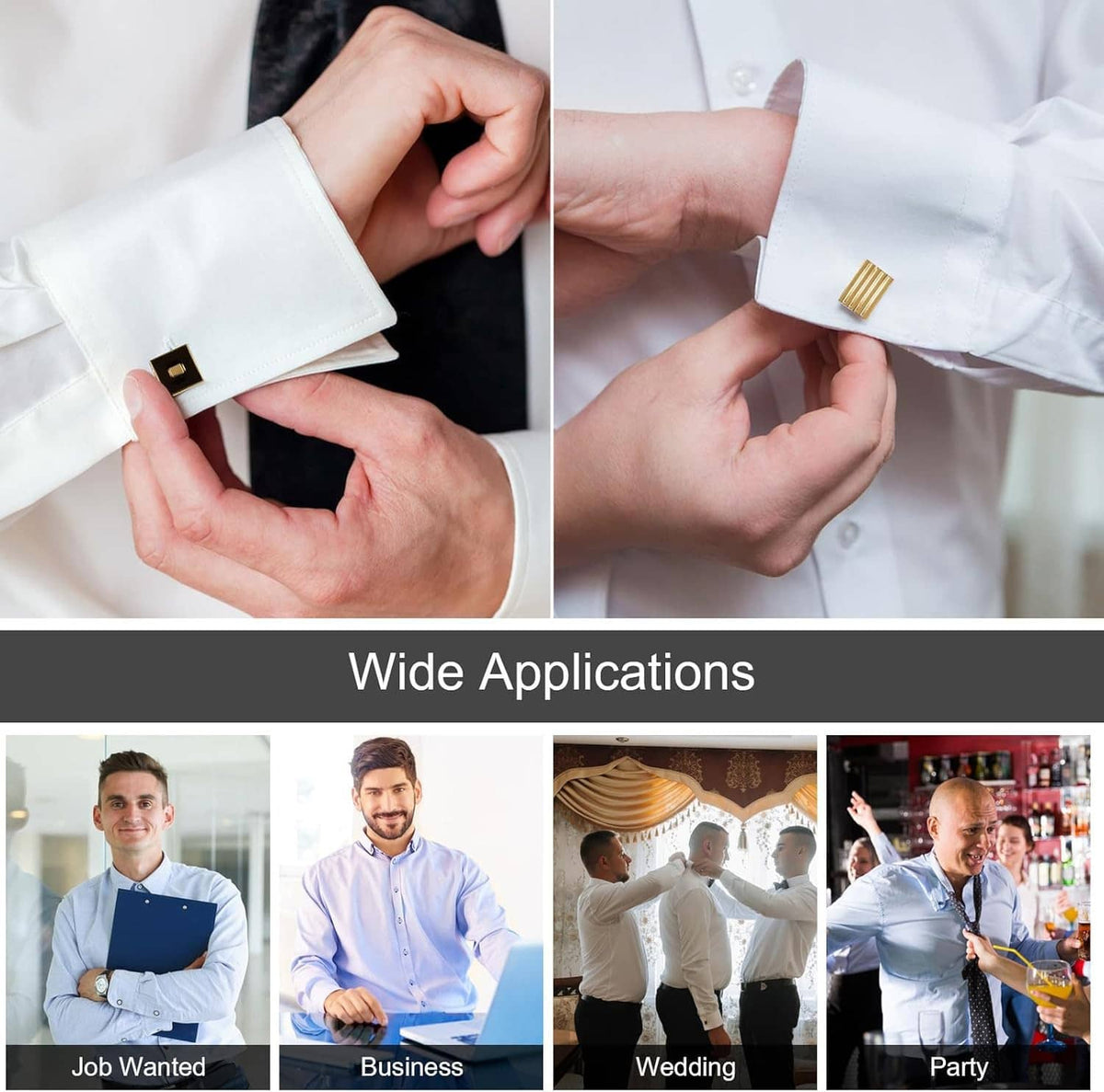 Gold-tone cufflinks being fastened on white shirt cuffs, showing black square and striped links