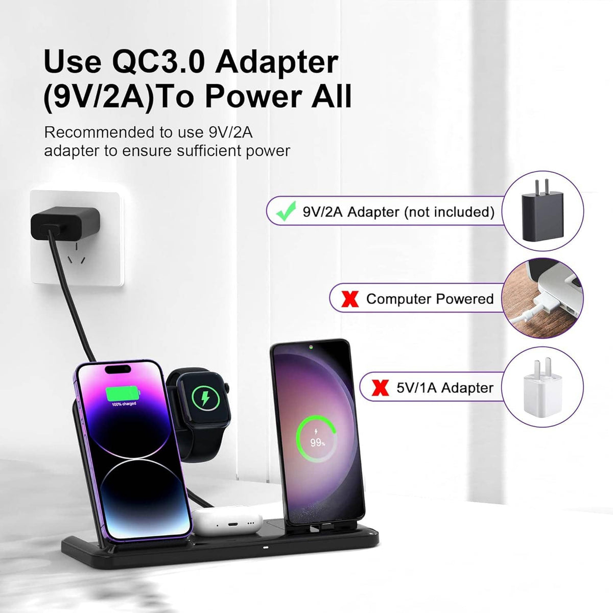 4-in-1 wireless charging station with phone, smartwatch, and earbuds; power adapter guidance