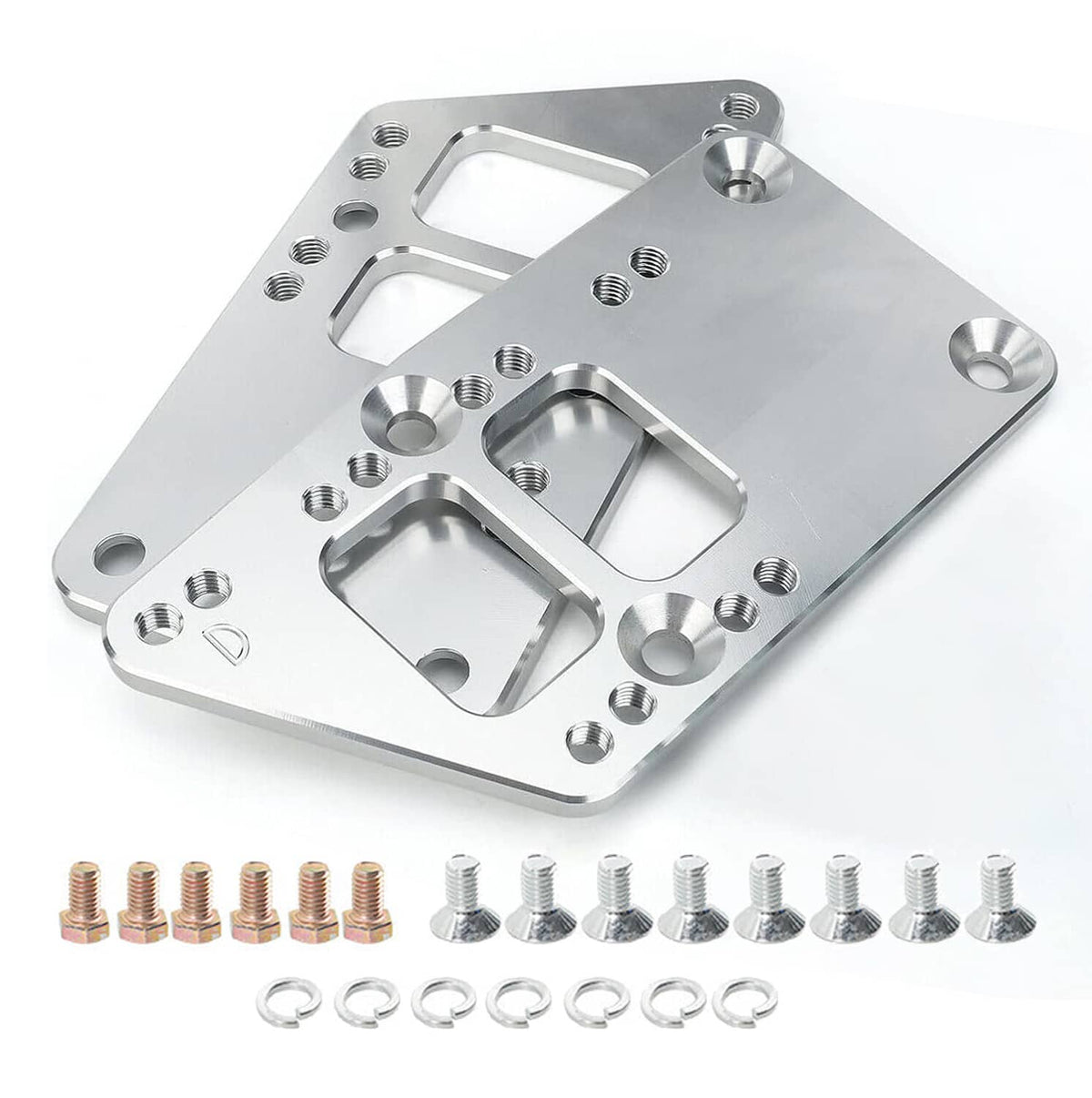 Engine motor mount adapter plate kit with two silver plates and included bolts, washers