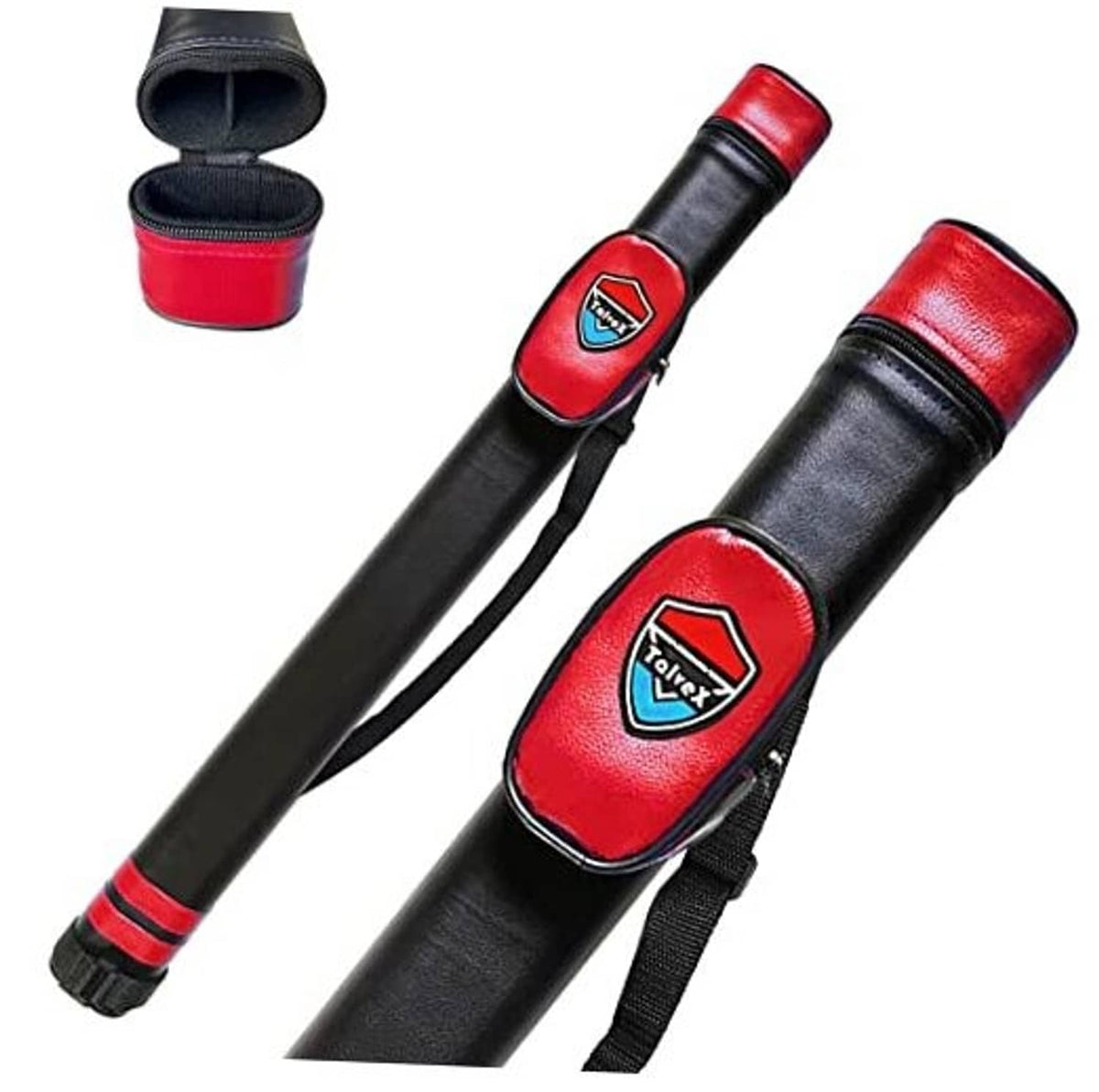 Hard pool cue case, black with red end caps and round accessory zipper pouch