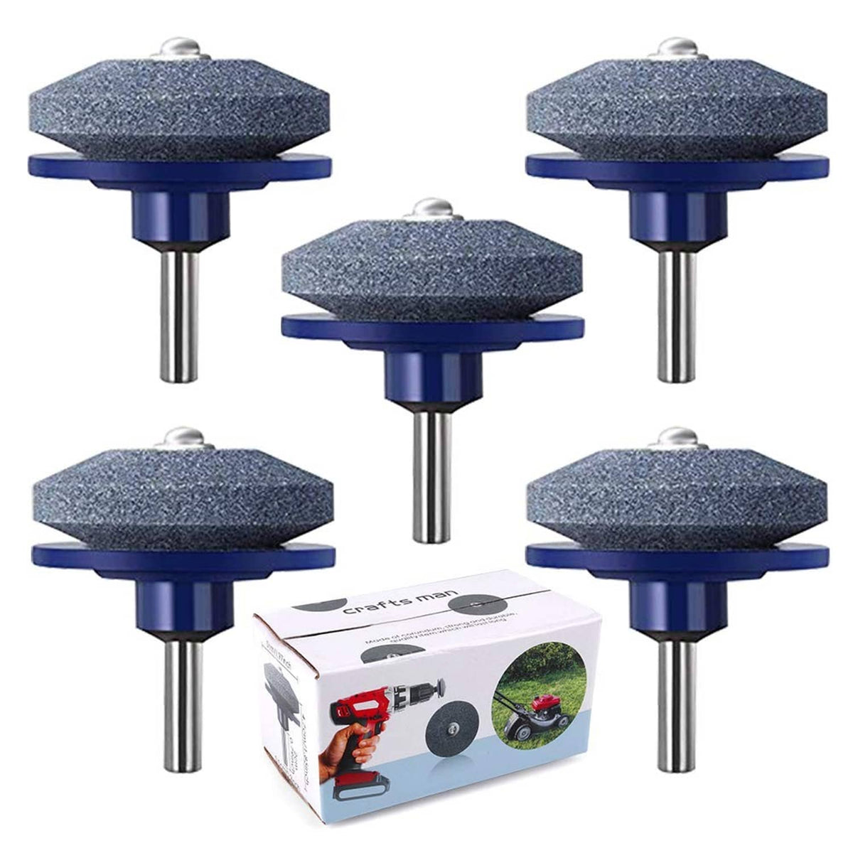 Lawn mower blade sharpener kit with multiple dark blue grinding wheels and metal stems