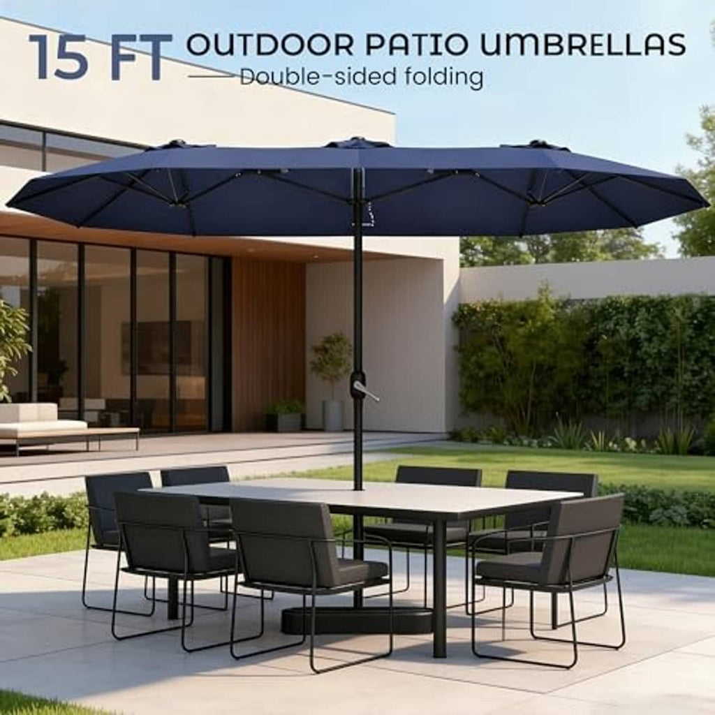 Navy rectangular patio umbrella with double-sided canopy on a centered pole and base