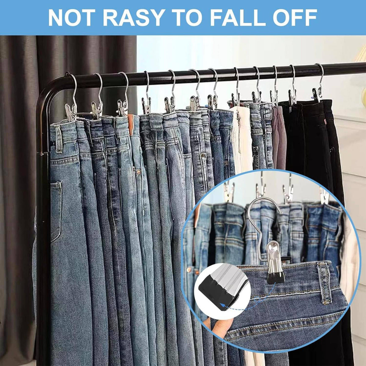 Chrome boot hanger clips securing denim jeans on a hanging rail, black release tabs
