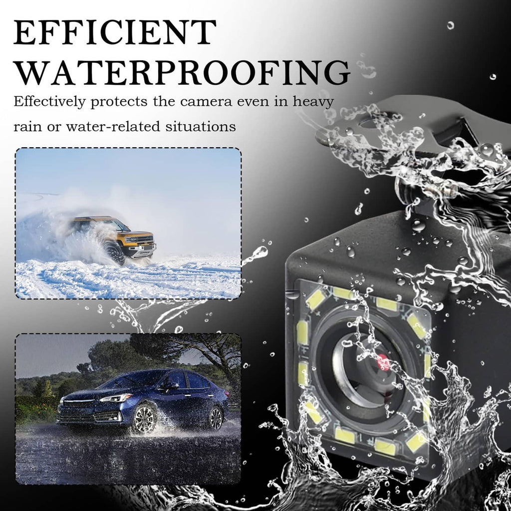 Black waterproof backup camera module with LED lens, shown with splash water