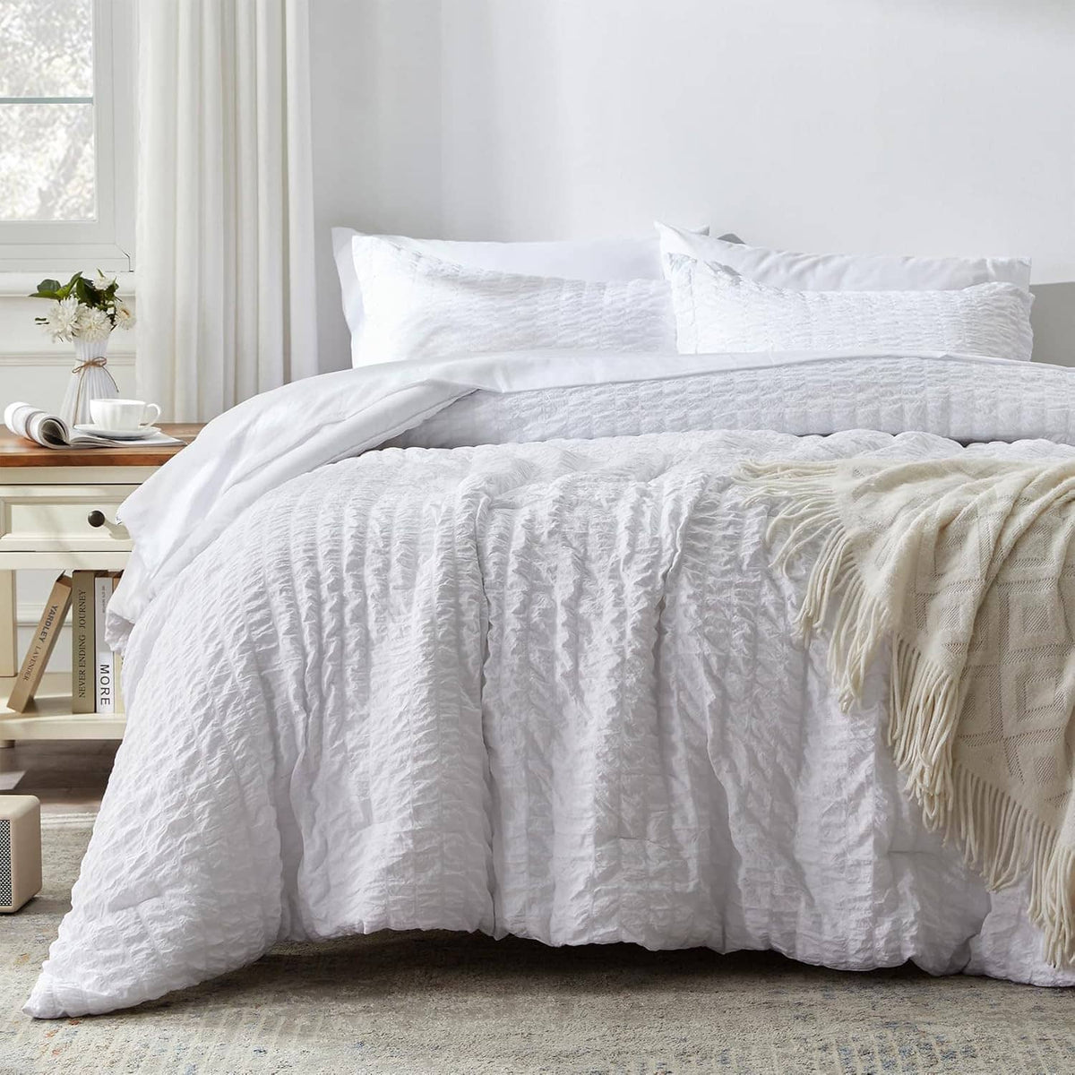 White king seersucker comforter set with layered comforter and matching pillow shams