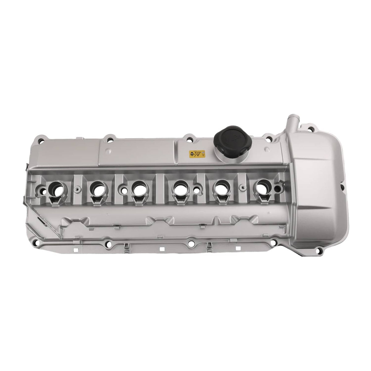 Aluminum engine valve cover, silver-gray top with ports and black cap detail