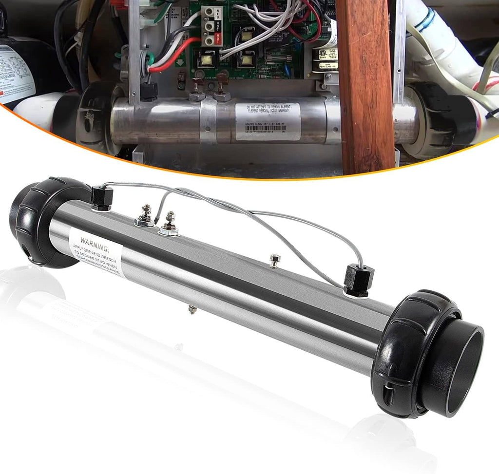Spa heater assembly with stainless steel tube and black end caps, sensors wiring