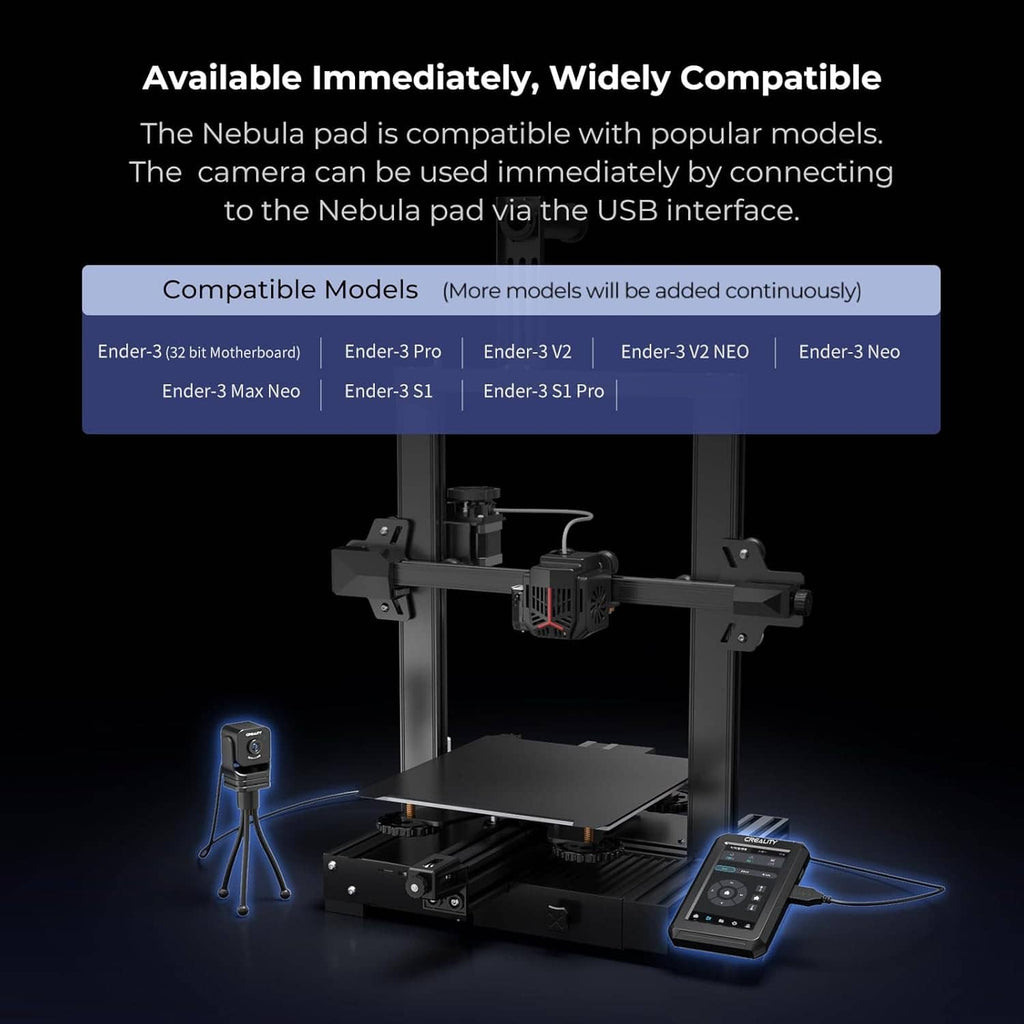 3D printer setup with Nebula camera and Nebula Pad controller connected for monitoring