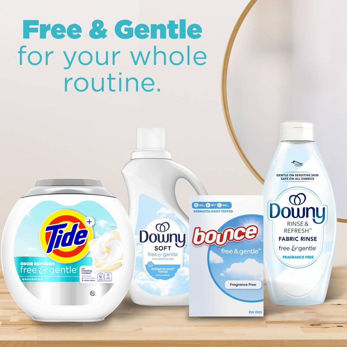 Tide Free & Gentle laundry detergent tub with compatible bottles and box