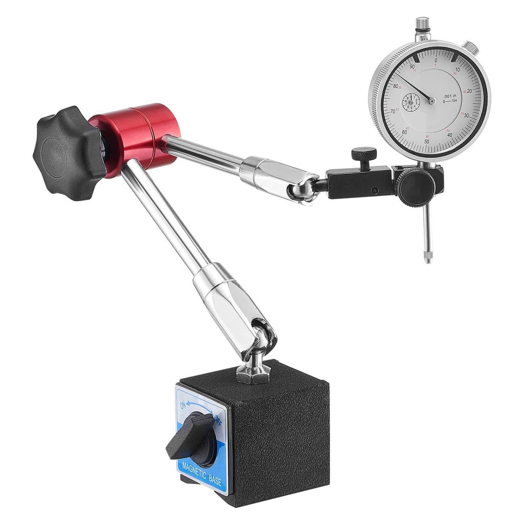 Dial test indicator with red mounting knob, magnetic base cube, and round dial gauge