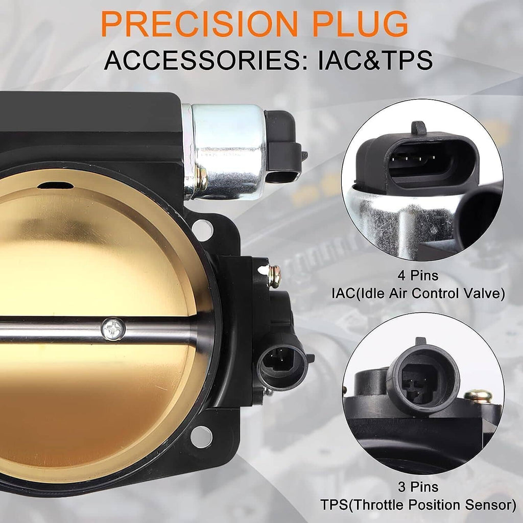 Throttle body with IAC idle control valve and TPS connector, black and gold insert