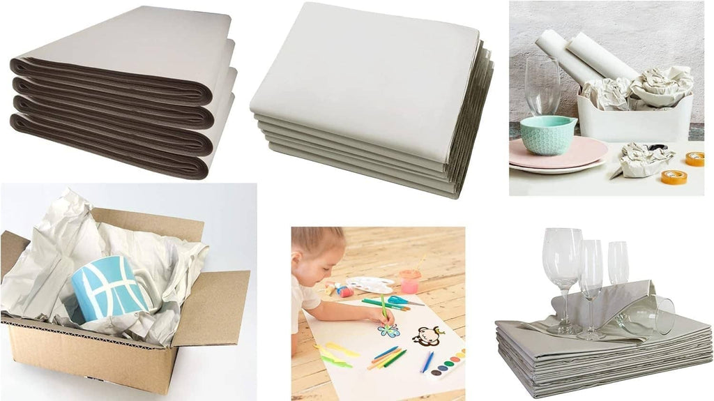 Assorted packing paper sheet stacks in white and brown