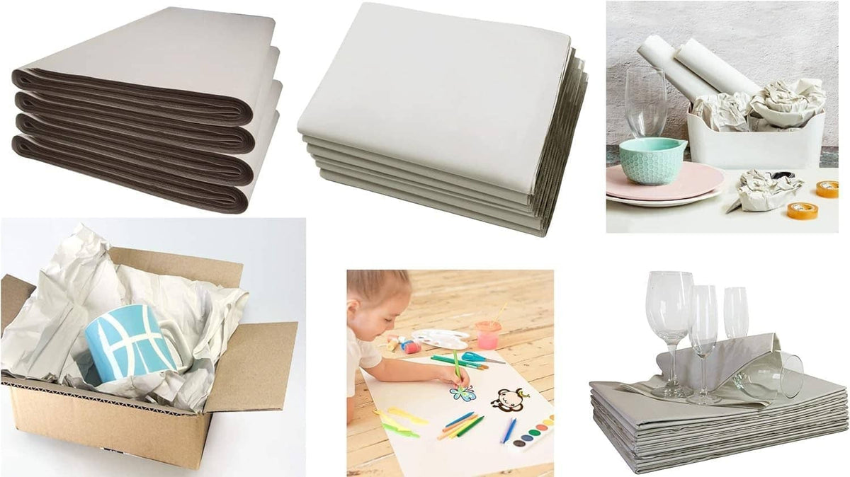 Assorted packing paper sheet stacks in white and brown