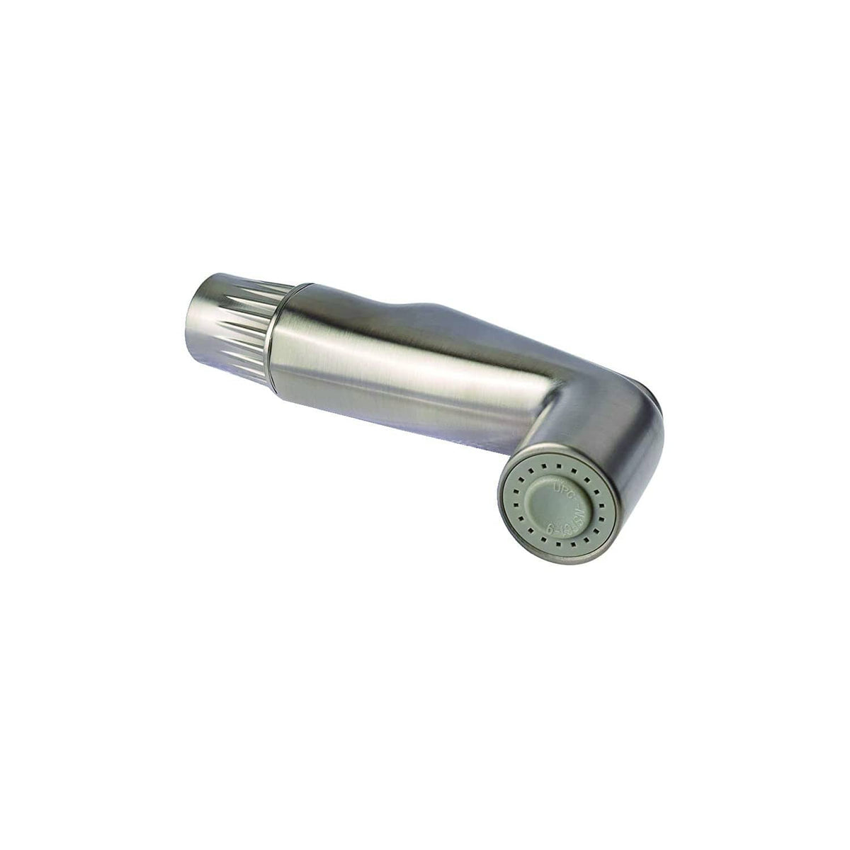 Brushed nickel side spray nozzle with round end and multiple spray holes