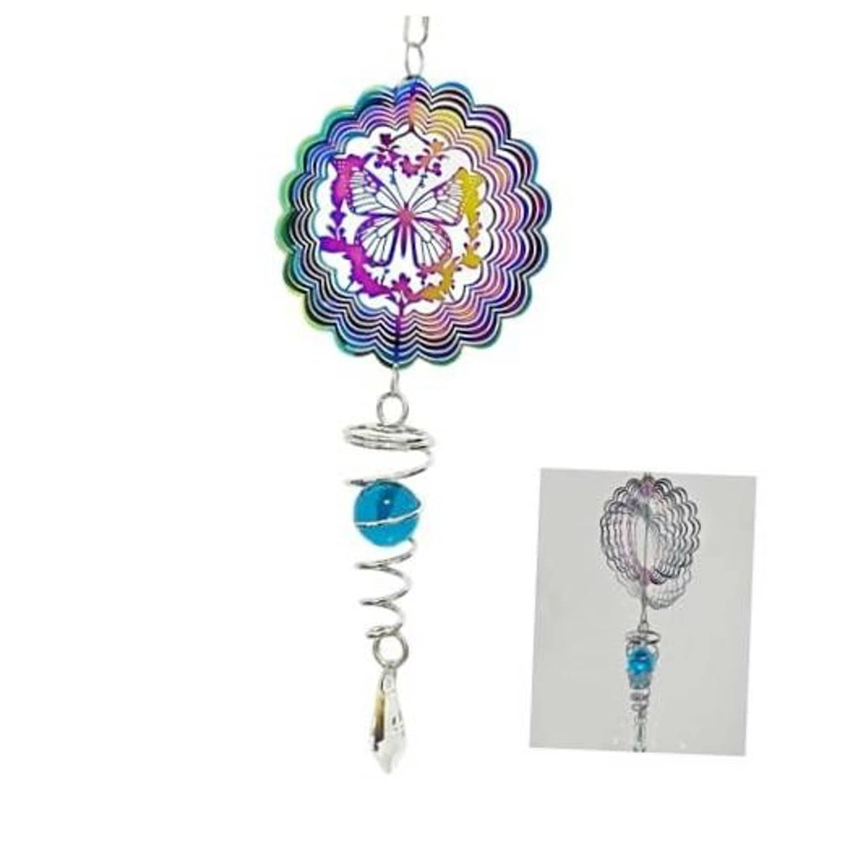 Mandala wind spinner with rainbow layered disc, blue bead, spiral stem, crystal drop