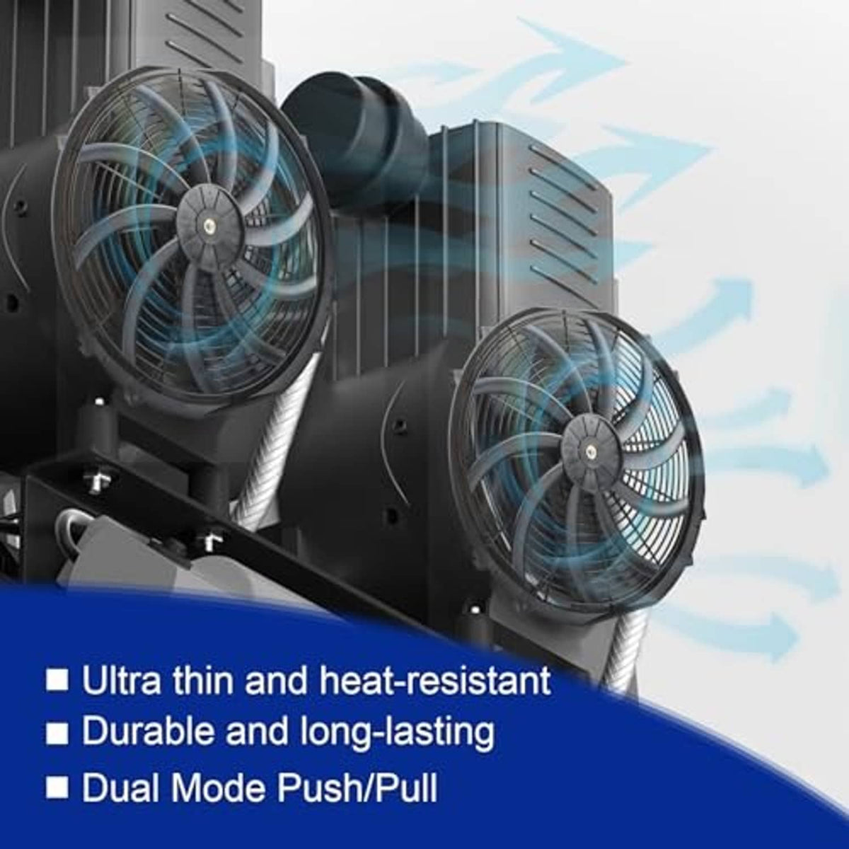 Dual-fan mounting setup with two black cooling fans and airflow arrows graphic