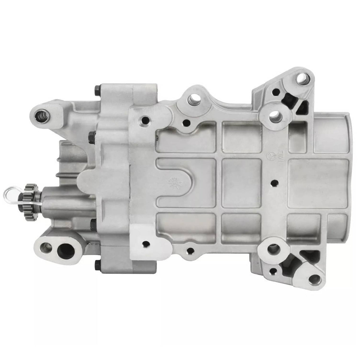 Engine oil balance shaft pump assembly, silver metal housing with side shaft and holes
