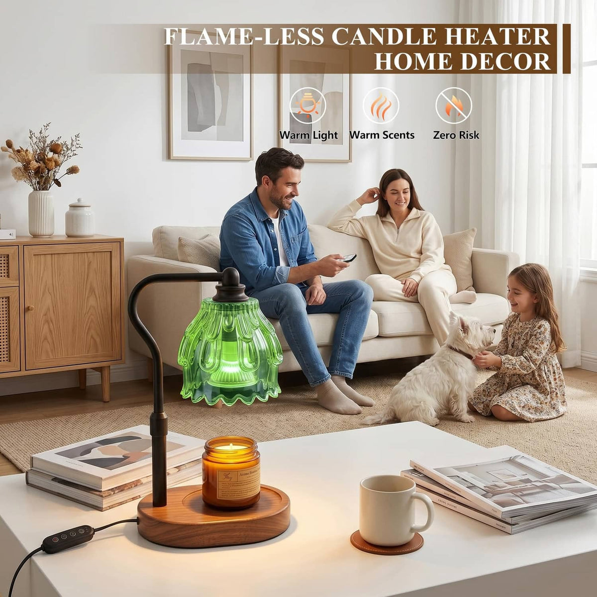 Flame-less candle warmer lamp with ribbed green glass shade and black curved stand.