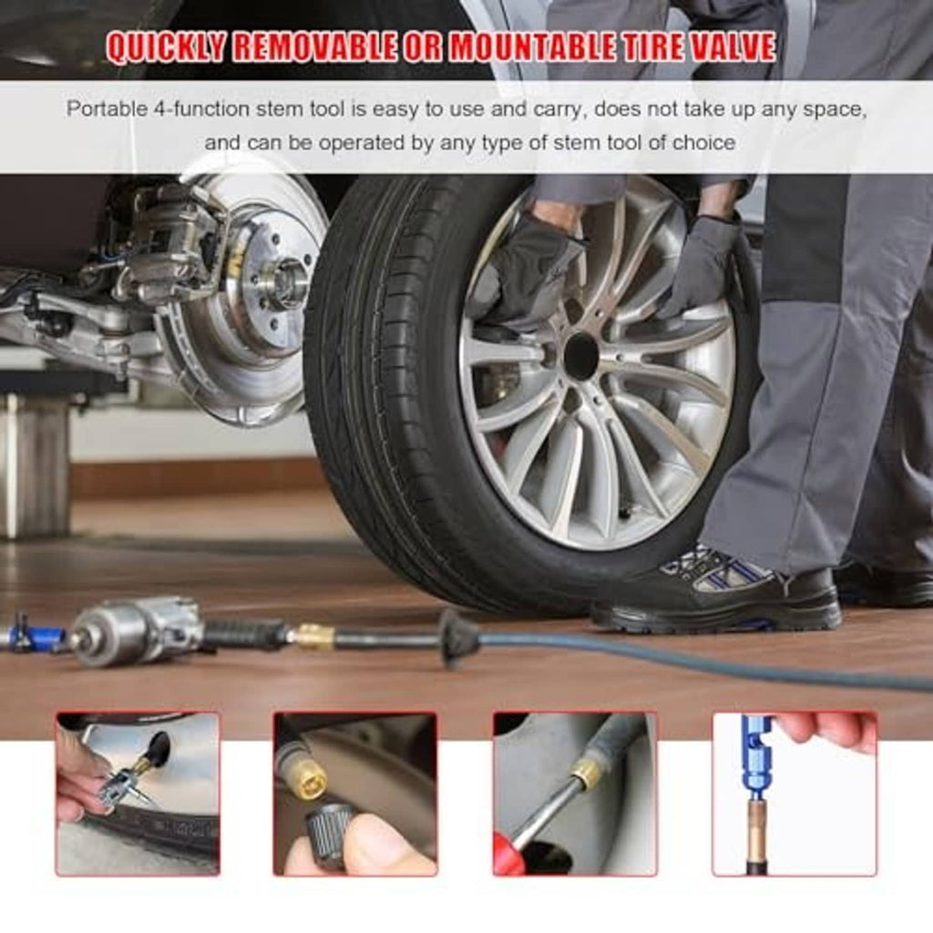 Tire valve stem tool kit shown at a wheel with metal remover tool and blue core piece