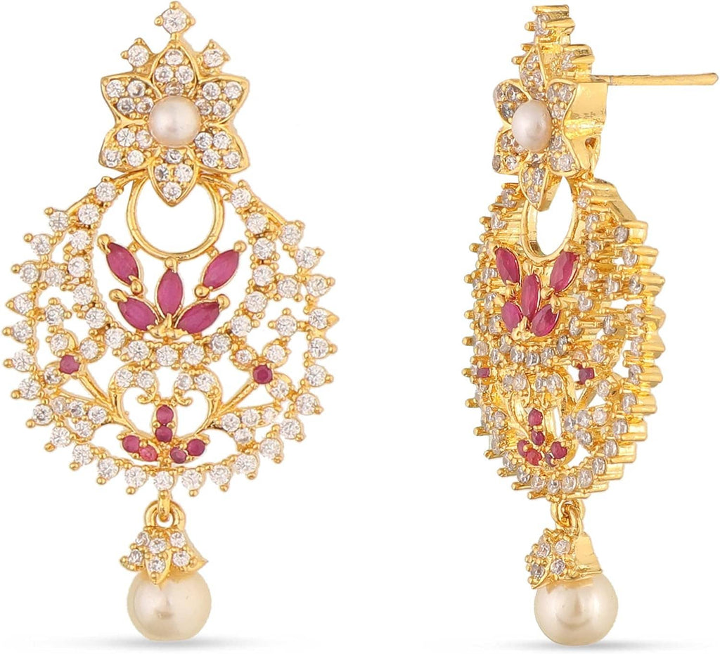 Gold-plated brass CZ floral drop earrings with pink accents and pearl drops, side view