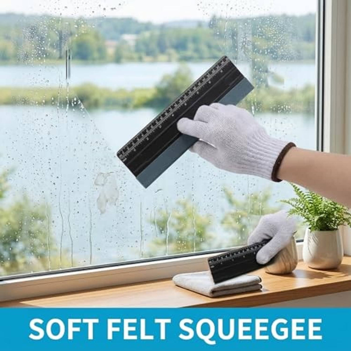 Black soft felt squeegee with measuring ruler for glass