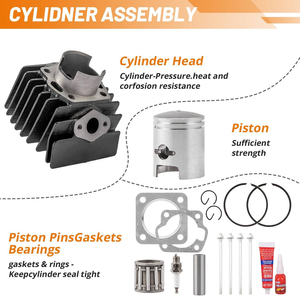 Cylinder assembly kit parts: cylinder head, piston, piston rings, and bearing sleeve
