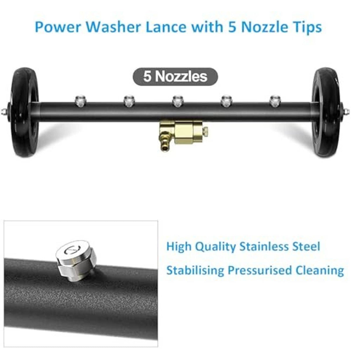 18-inch undercarriage cleaner with 5 spray tips, black wheels, and gold coupler