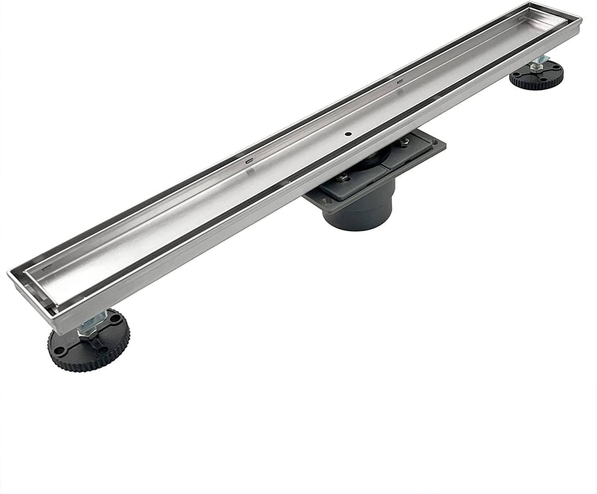 36-inch linear shower drain with brushed stainless steel channel and end mounting feet