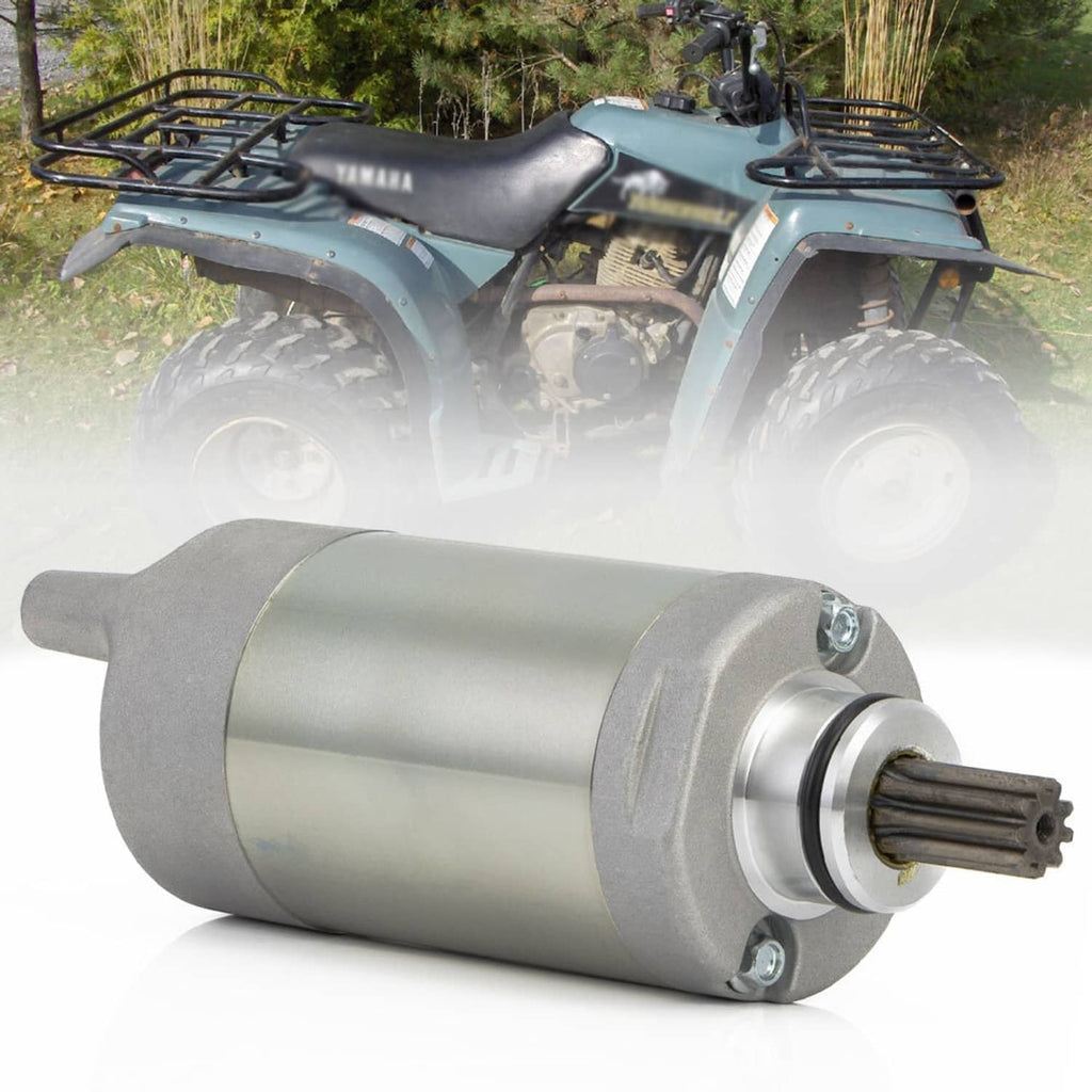 Starter motor assembly with silver housing and exposed gear drive shaft, end view