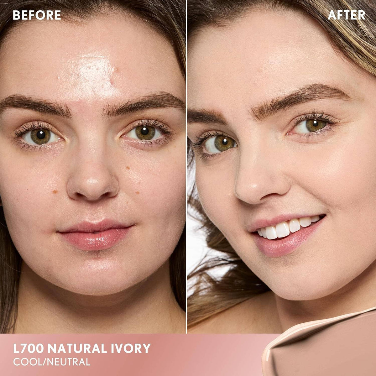 Matte concealer on face, smooth full-coverage look with even skin tone