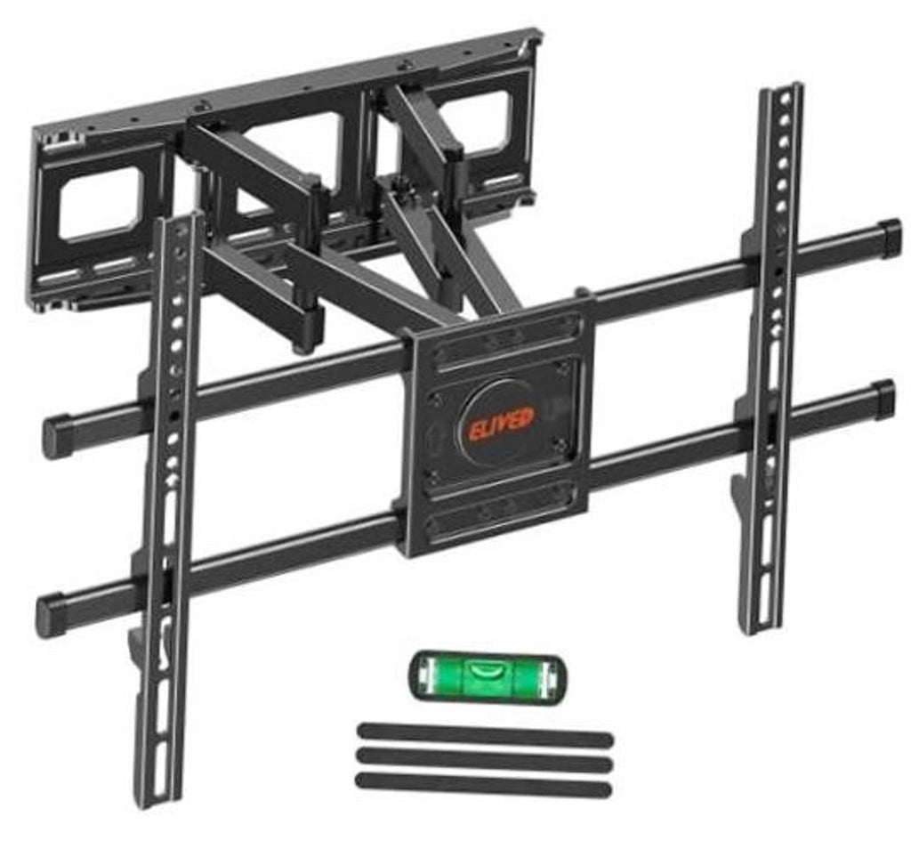 Black heavy-duty TV wall mount with adjustable arms and mounting plate, hardware included