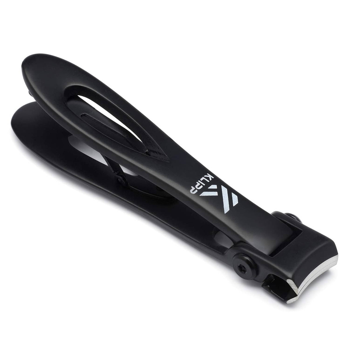 Black toenail clippers with curved blades, closed flat for storage