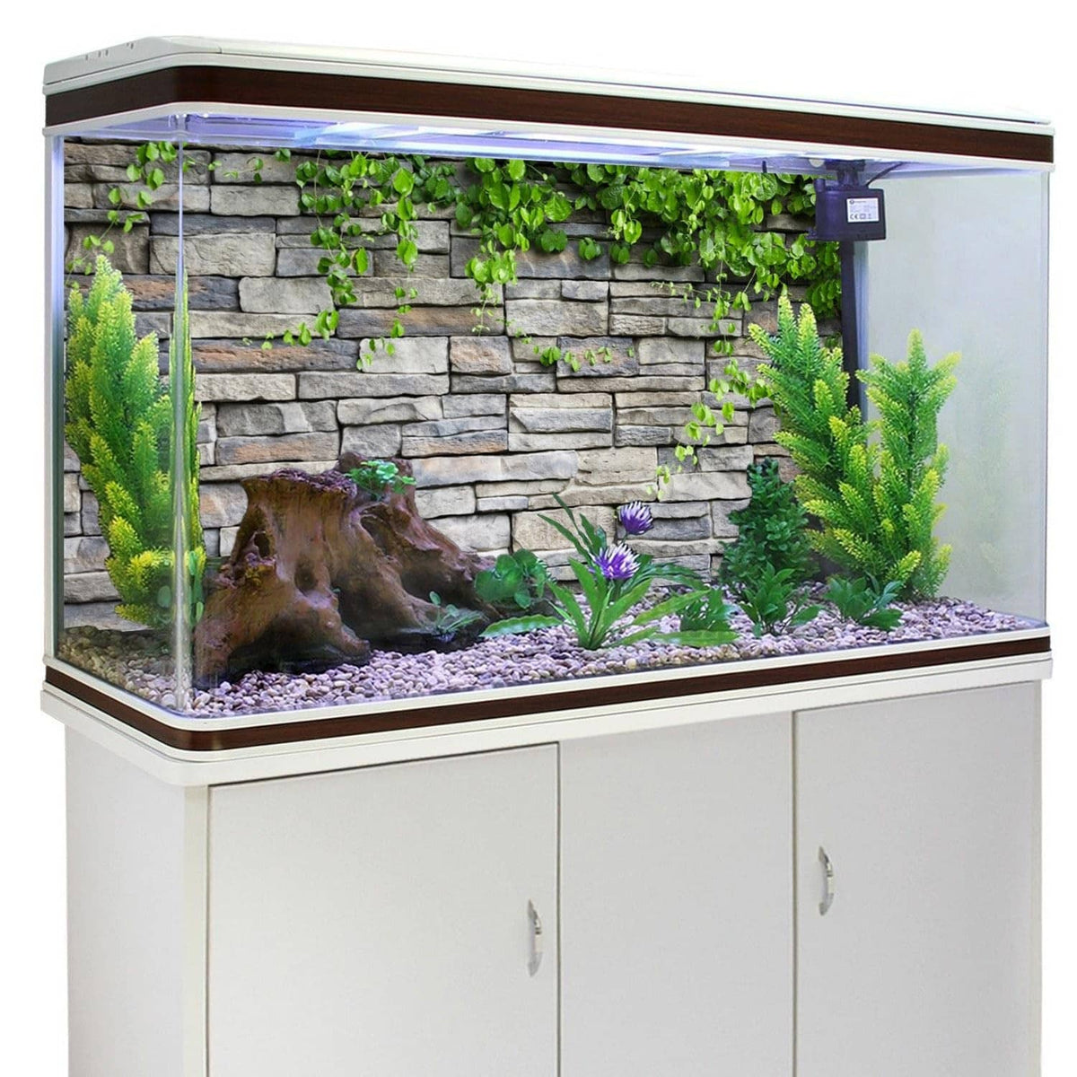 Aquarium vinyl wall background: gray stone brick pattern with hanging green ivy