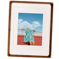 Walnut wood picture frame with white mat and square photo display, front view