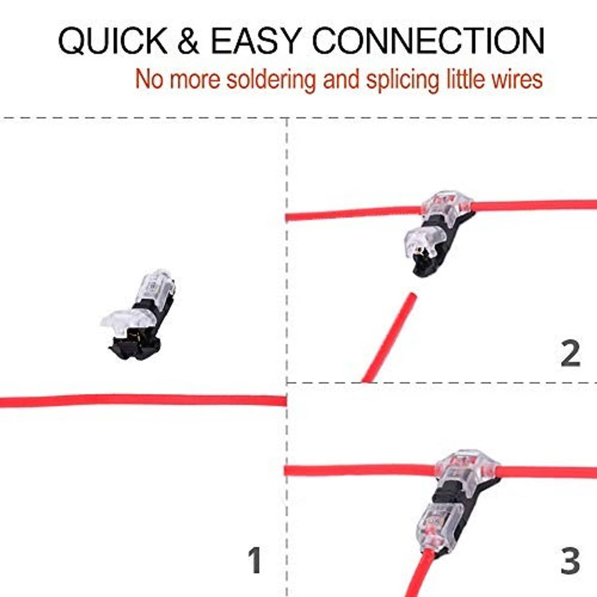 Wire splice connector with clear cover and black base, joining red wires