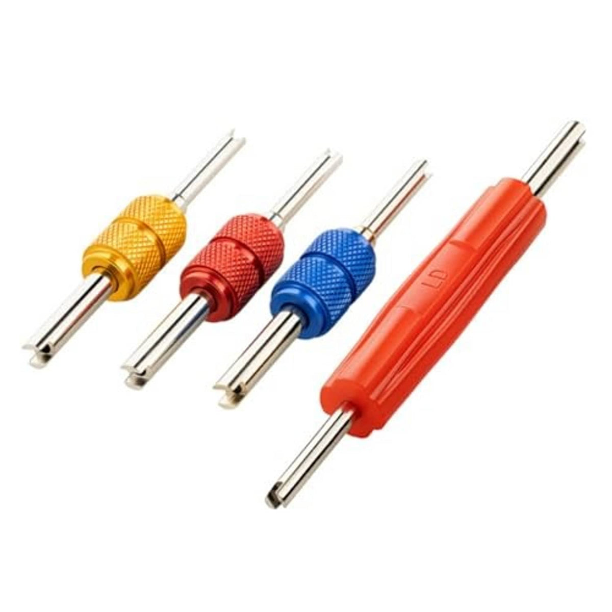 Four color-coded valve core wrenches with dual metal prongs