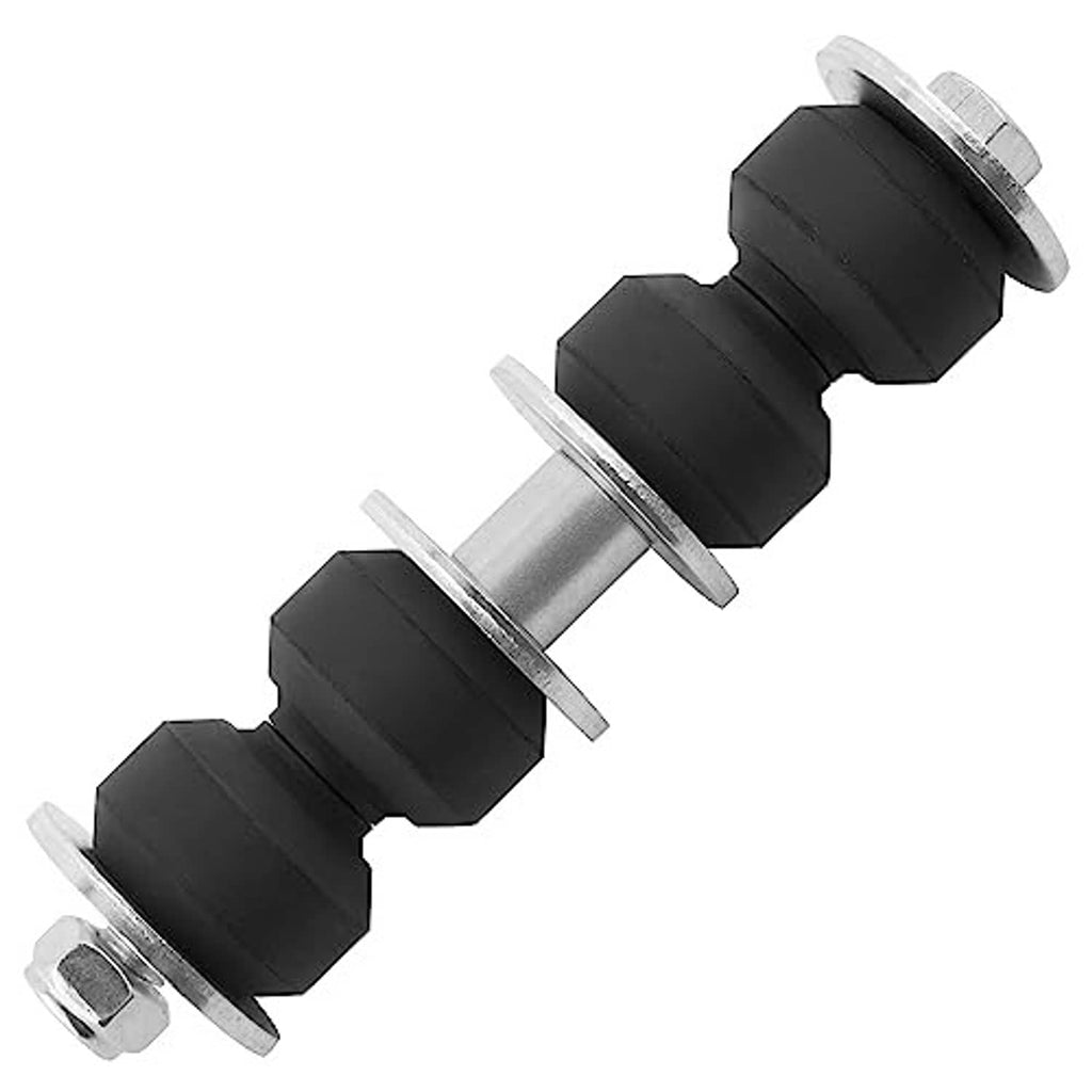 Black rubber bushing link with metal sleeves and bolt ends for front suspension