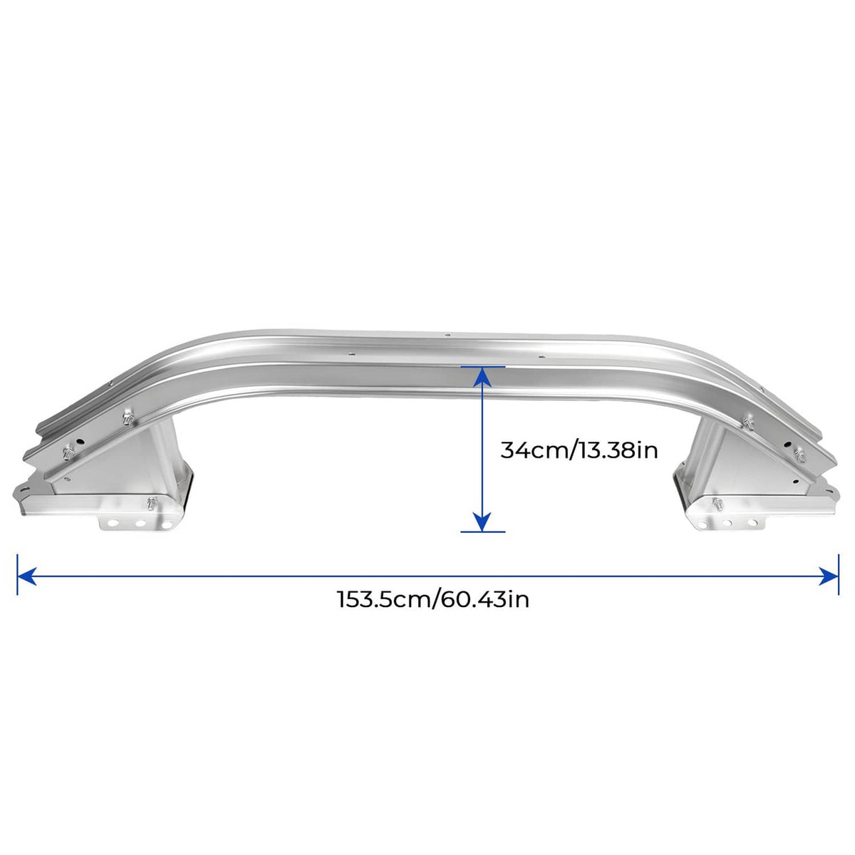 Curved front bumper reinforcement bar with two end mounts and factory-style bolt holes