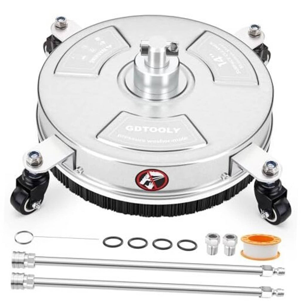Stainless steel 14-inch surface cleaner with wheels, spray wands, and spare nozzles