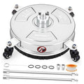 Stainless steel 14-inch surface cleaner with wheels, spray wands, and spare nozzles