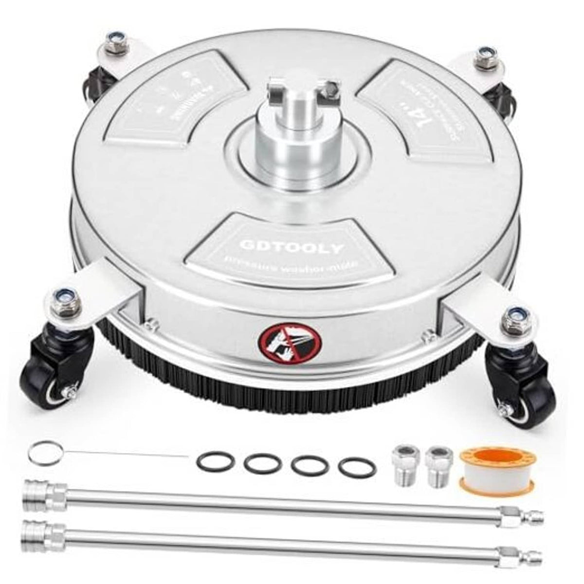 Stainless steel 14-inch surface cleaner with wheels, spray wands, and spare nozzles
