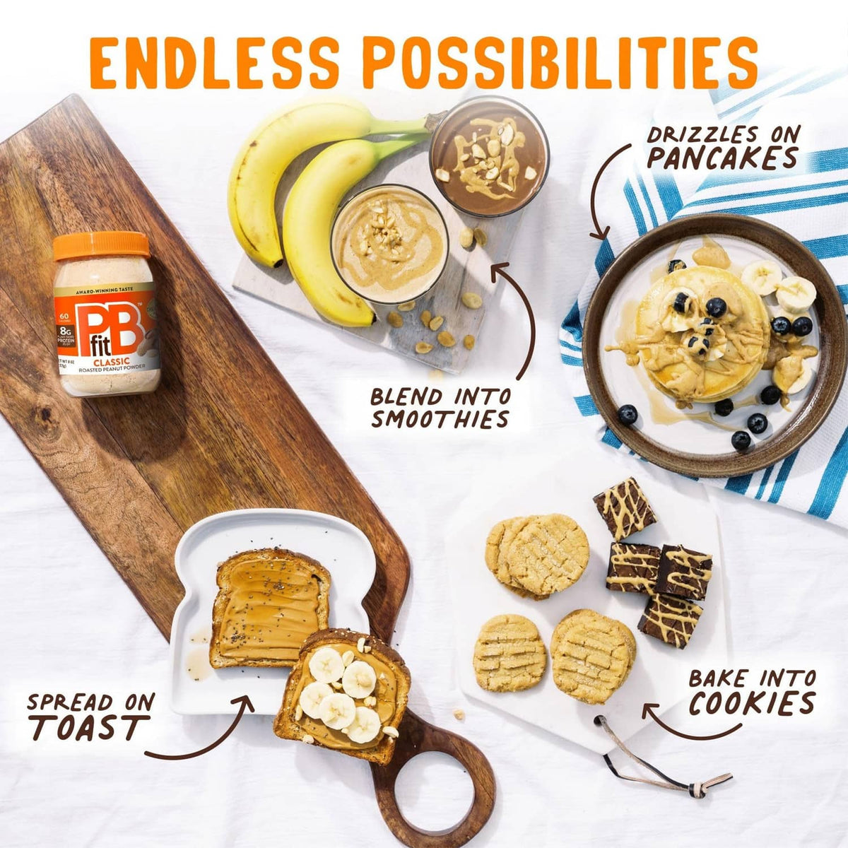 Peanut butter powder jar with serving ideas on a food spread