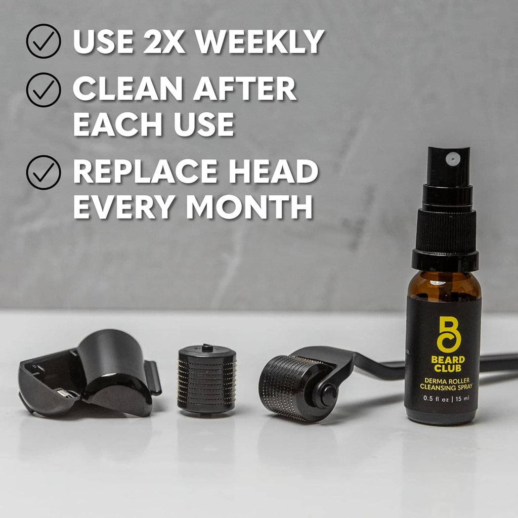 Beard derma roller set with cleansing spray bottle and removable roller head