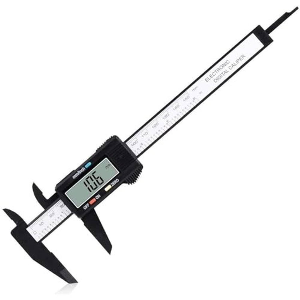 Black digital caliper with LCD screen and measurement scale with external jaws
