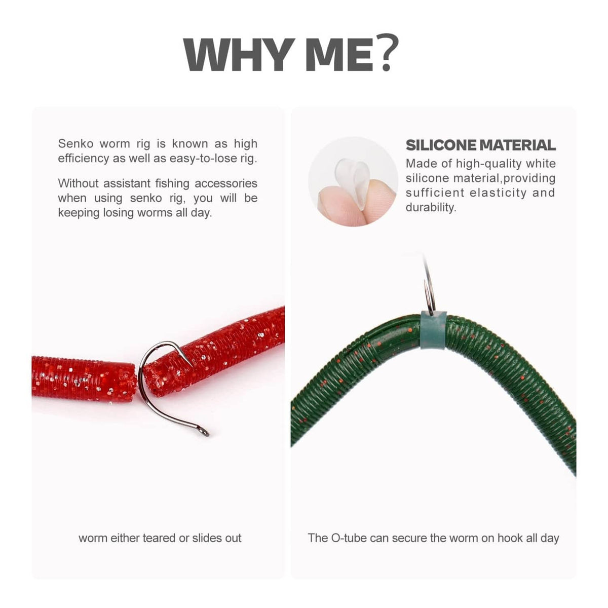 Silicone O-tube ring holding a red and green worm on a hook, flexible white material