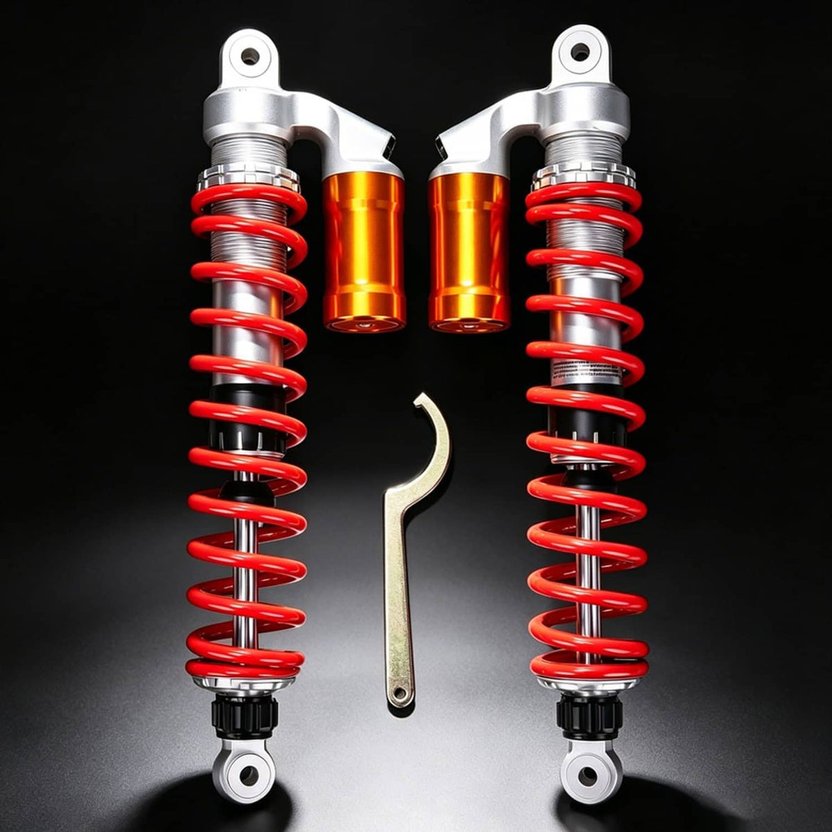 Front shocks absorber pair with red springs, orange cylinders, silver hardware, included wrench