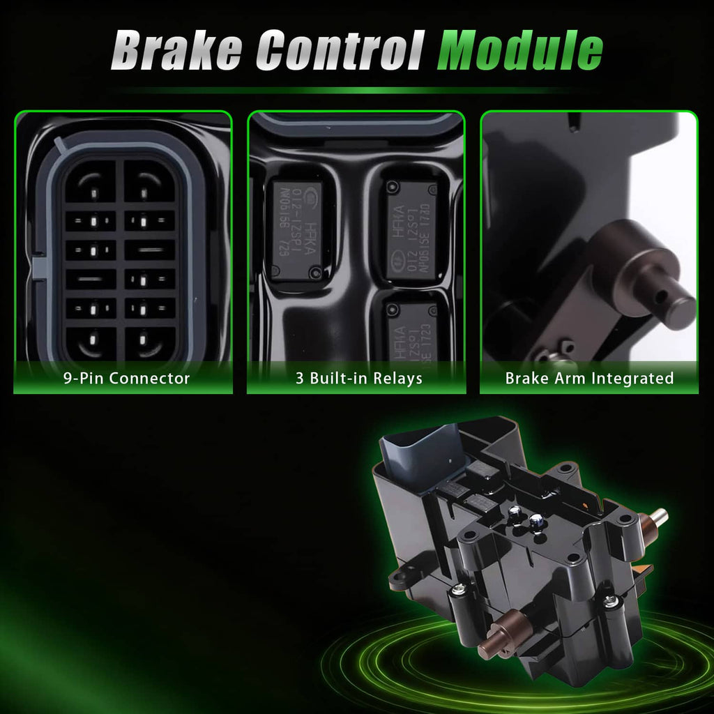 Brake control module with 9-pin connector, relays, and integrated brake arm